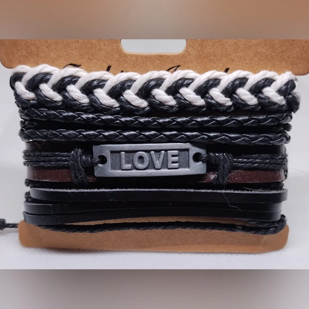 Men's Leather Bracelets Set Braided Layered Black New f74‎